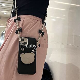 ins日韩风小熊带支架斜挎绳15pro女款12mini苹果14plus适用iPhone16promax手机壳1+13/12/11一加ace5pro/3v/2
