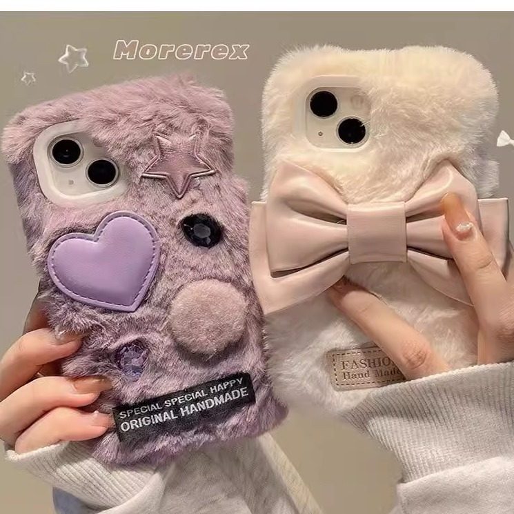 小红书秋冬款毛绒15pro立体蝴蝶结12mini苹果14plus适用iPhone15promax手机壳13pro女款1+12/11/9r一加ace3v2