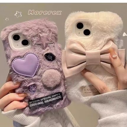 小红书秋冬款毛绒15pro立体蝴蝶结12mini苹果14plus适用iPhone15promax手机壳13pro女款1+12/11/9r一加ace3v2