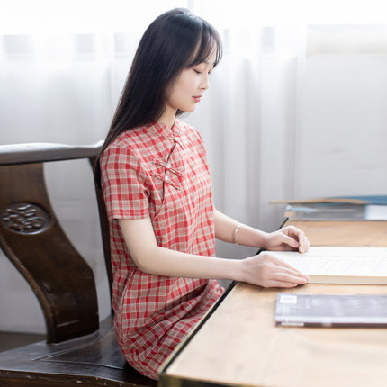 苏唐浅夏女中式短袖休闲夏季改良旗袍低开衩宽松棉文艺手工钉珠扣