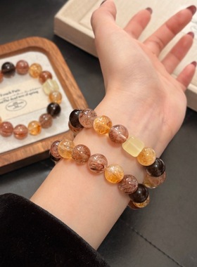 【招摇】原创天然黑金超黄塔晶复古柠檬黄方块手串时尚个性女款送