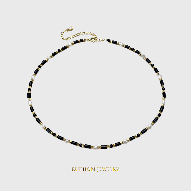 独特小众 2-3mm巴洛克黑玛瑙淡水珍珠项链两面光短款锁骨链颈链女