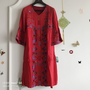 棉麻刺绣花长袖红色连衣裙时尚唐装仙女装文艺复古装民族风中国风