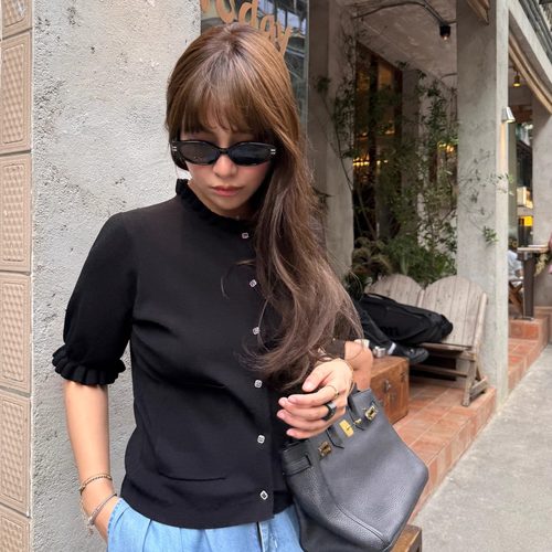 法式木耳边短袖针织开衫女