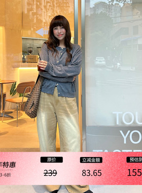 3ts美式复古牛仔裤女卡其色廓形工装风阔腿裤宽松长裤