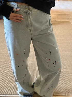 3ts复古泼墨牛仔裤秋冬显瘦休闲宽松阔腿裤设计感直筒裤