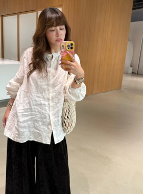 3ts1oo亚麻褶皱肌理衬衫法式白色简约宽松长袖衬衣上衣