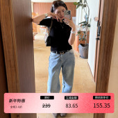 宽松慵懒牛仔布休闲阔腿裤 3ts蓝色直筒水洗牛仔裤 女夏季