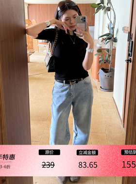 3ts蓝色直筒水洗牛仔裤女夏季宽松慵懒牛仔布休闲阔腿裤