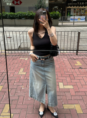 3ts  高腰开叉牛仔工装半身裙女包臀半裙小个子梨形长裙