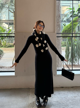 3ts 12/27 秋冬内搭打底针织连衣裙女气质黑色V领修身包臀裙子