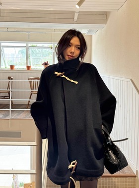 3ts牛角扣羊毛大衣中长款学院风毛呢外套设计通勤小个子