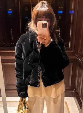 3ts短款黑色丝绒菱格羽绒服秋冬轻薄休闲衔缝外套女