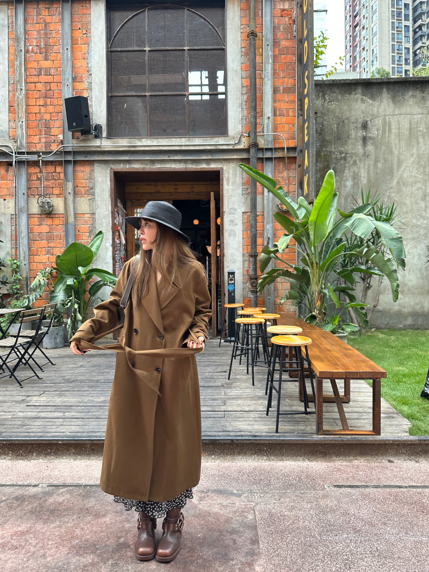 3ts通勤长袖翻驳领长款风衣