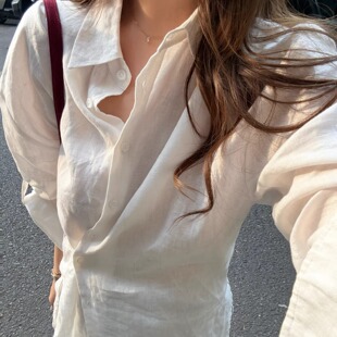 老钱风亚麻衬衫 宽松高级感防晒上衣轻奢松弛韩风衬衣女 3ts