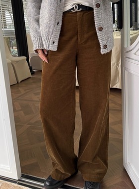 3ts秋冬复古灯芯绒长裤女阔腿裤高腰直筒裤子显瘦休闲裤