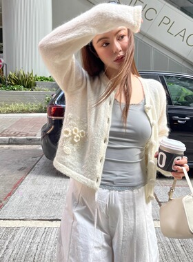 3ts重工！钩花白色针织开衫春夏薄款短款长袖毛衣外套女