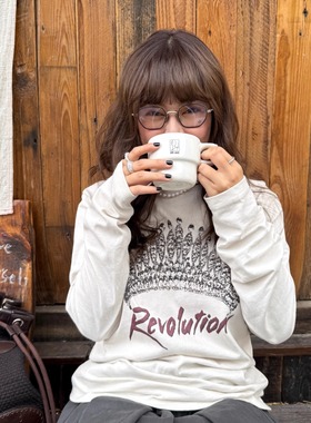 3ts秋冬复古美式宽松休闲字母纯棉T恤印花圆领长袖显瘦打底衫上衣