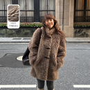 3ts 棕色10o羊毛皮草复古牛角扣大衣高级羊羔毛毛外套 折扣