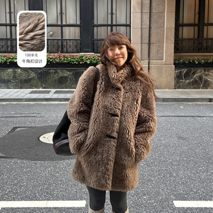 3ts 棕色10o羊毛皮草复古牛角扣大衣高级羊羔毛毛外套 折扣