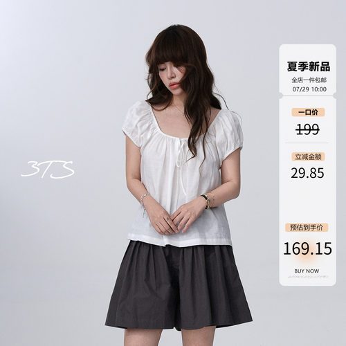 3ts法式100苎麻泡泡袖方领衬衫女