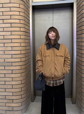 3ts美式复古短款麂皮工装夹克棕色巴恩风休闲拼接领外套