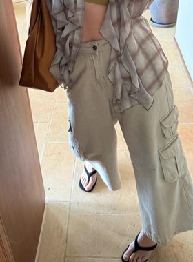 3ts美式工装裤高腰工装风牛仔裤廓型长裤解构风阔腿裤