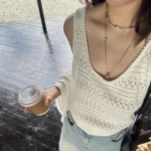 3ts夏季 钩花镂空上衣吊带背心复古针织短袖 法式 针织罩衫