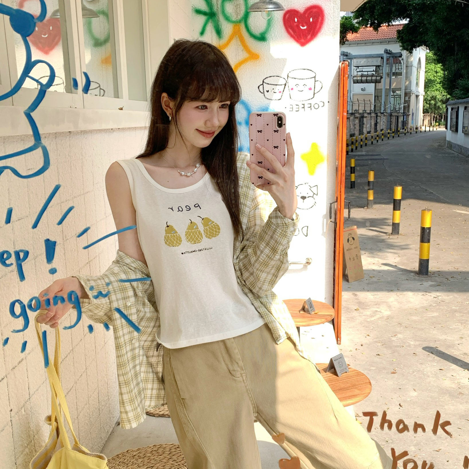 Mew实拍实价#黄色格子吊带背心防晒衬衫外套女2025夏衬衣背心两件