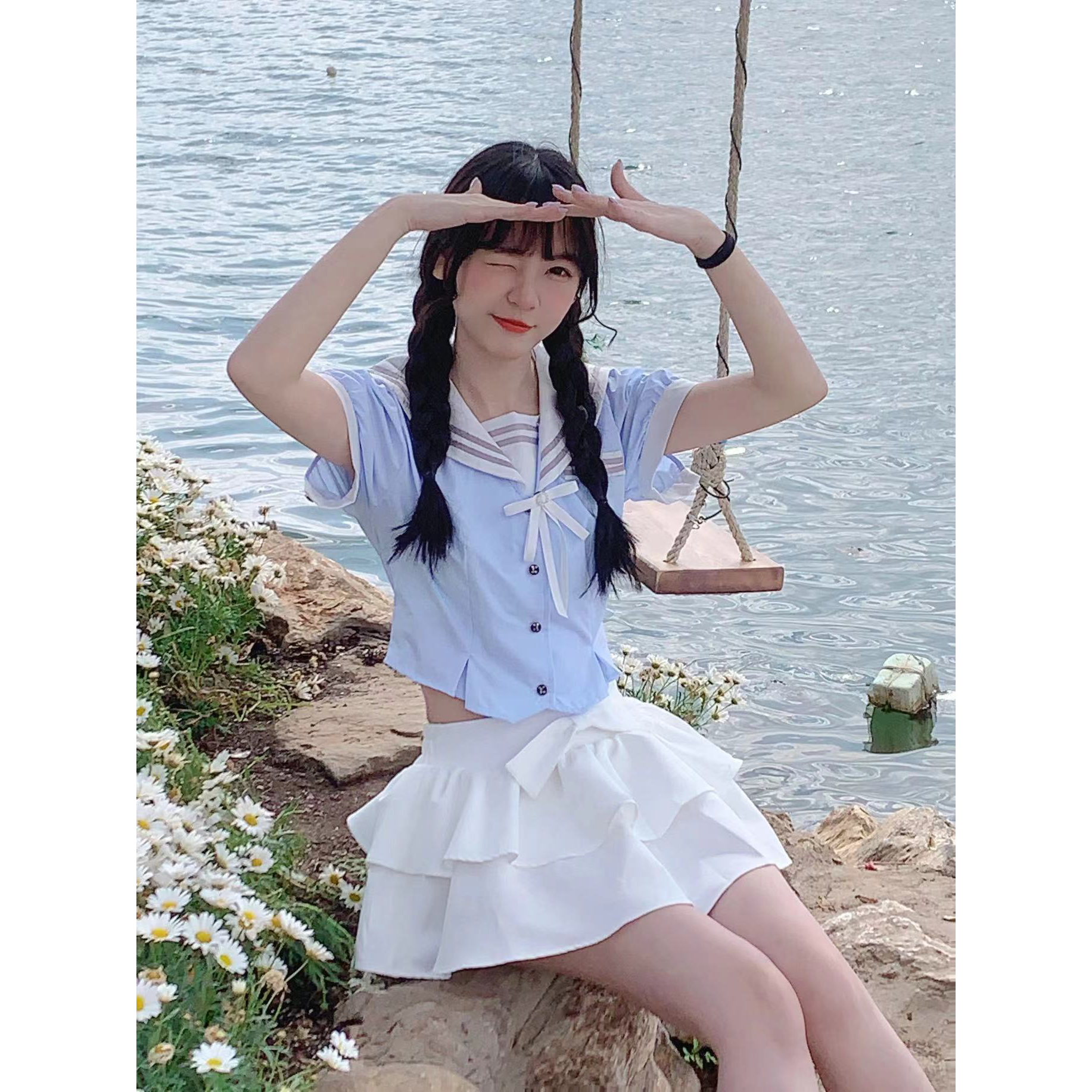 Mew实拍现货 少女jk制服套装女夏收腰显瘦小个子短袖上衣高腰蛋糕