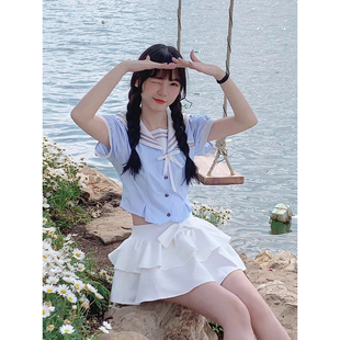 Mew实拍现货 上衣高腰蛋糕 少女jk制服套装 女夏收腰显瘦小个子短袖