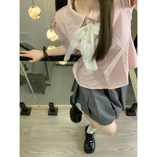 领结夏季 Mew实拍现货 纯色韩式 粉色收腰衬衫 箱褶裙JK制服套装
