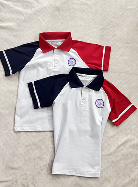 可定制中小学生四季校服 夏季纯棉白色拼红兰袖子短袖校服班服