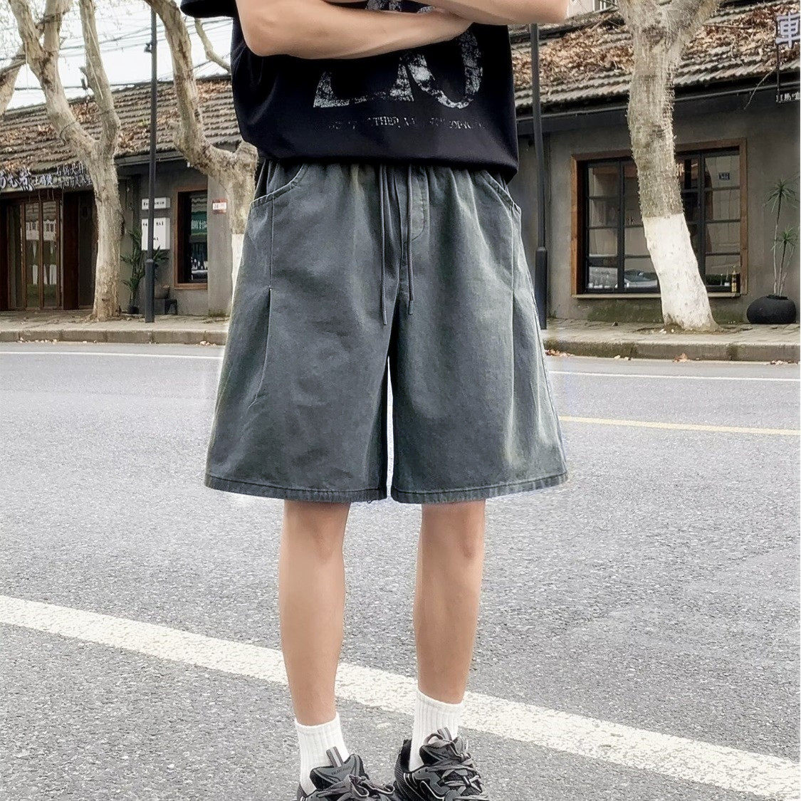 美式复古水洗工装短裤男款夏季薄款休闲阔腿中裤子宽松运动五分裤