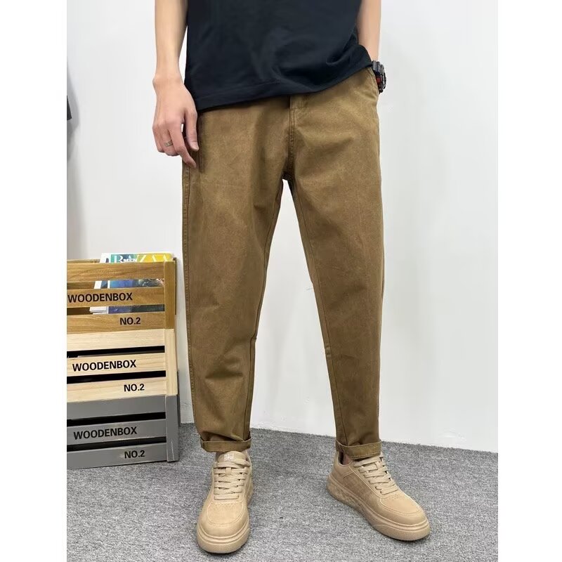 夏季新款工装裤男生宽松斜纹休闲纯色长裤子高街直筒男士哈伦裤潮