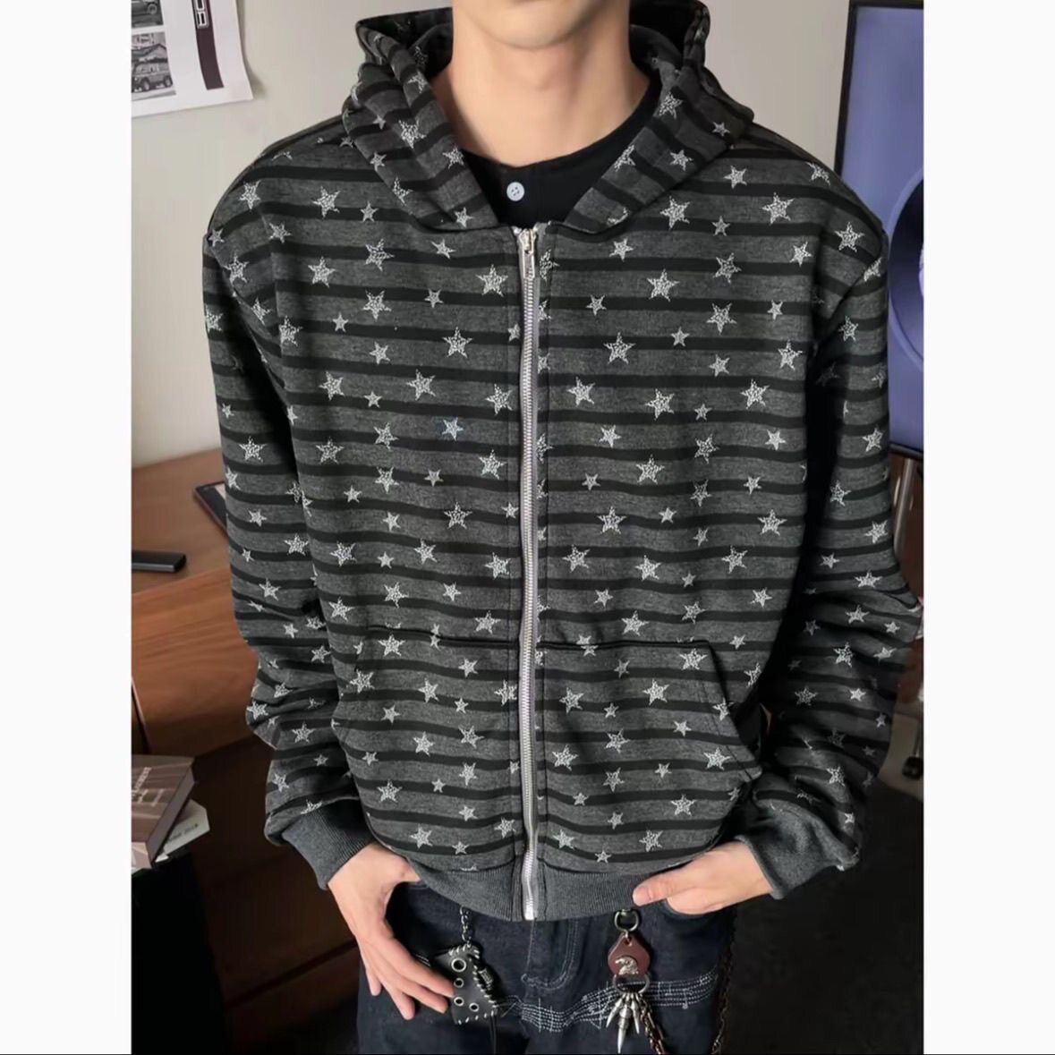 美式条纹千禧古连帽重磅开衫卫衣