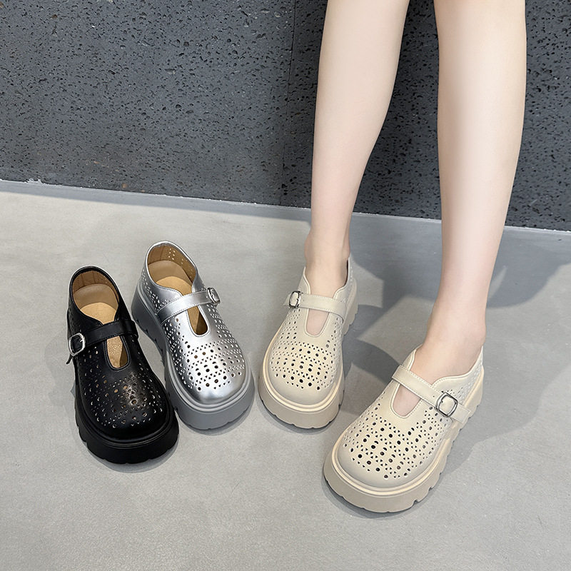 真皮包头凉鞋女夏季新款松糕厚底罗马猪笼鞋小白鞋透气镂空洞洞鞋