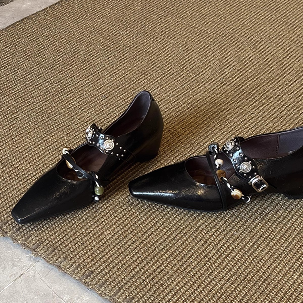 软皮波西米亚铆钉方头增高玛丽珍