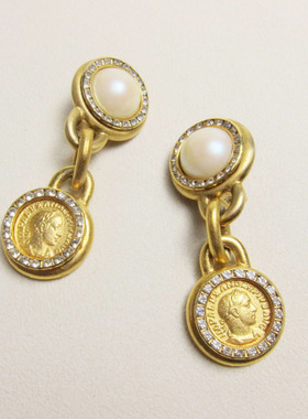 【LINDA LEVINSON】珍珠古币鎏金垂坠耳夹~Jessie的维琴察 中古