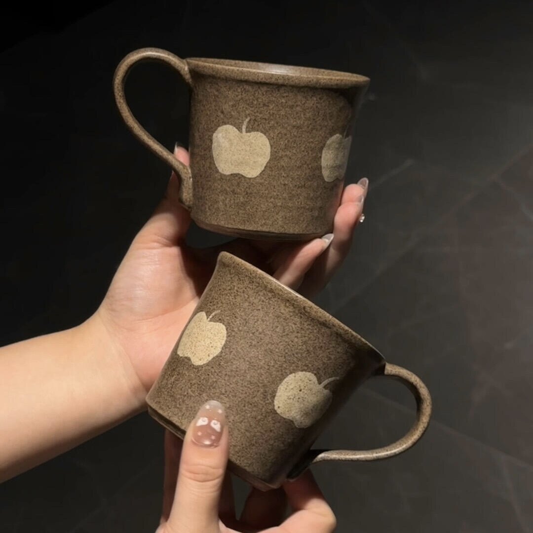 手绘杯苹果粗陶杯侘寂风景德镇