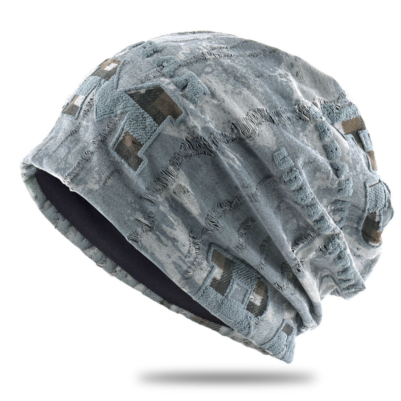 男士帽子薄款双层包头帽印花字母套头帽流苏破洞堆堆帽复古头巾帽