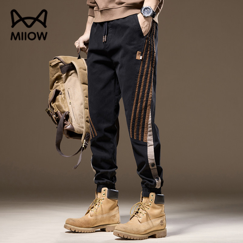 猫人复古运动风束脚休闲裤