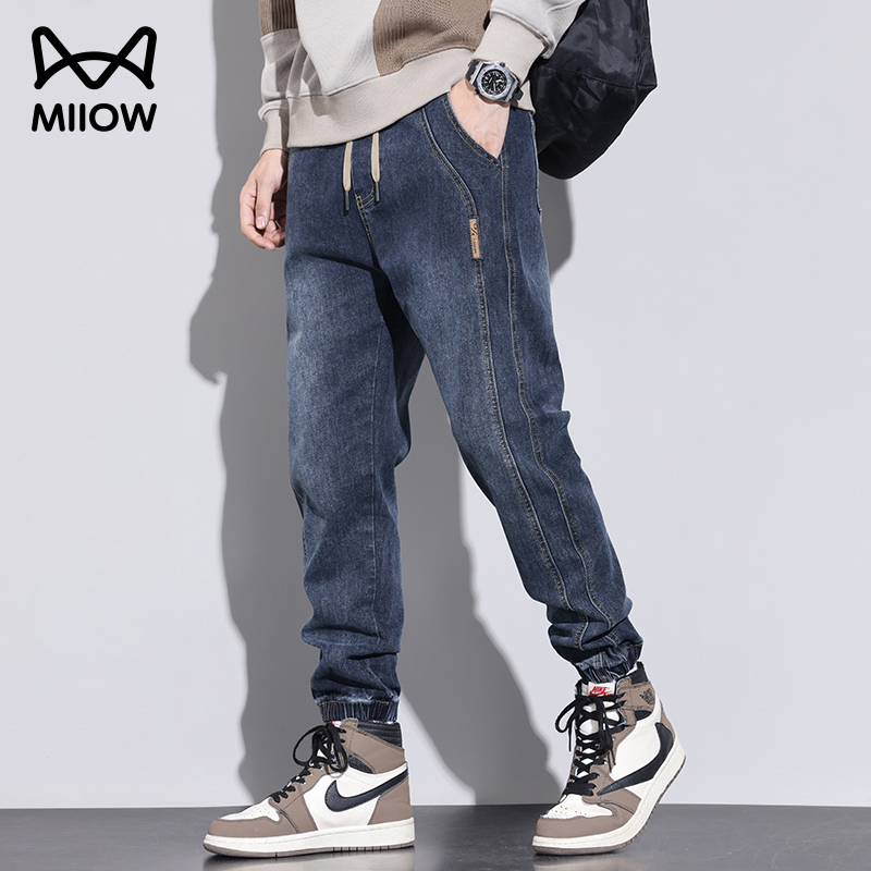 猫人九分裤牛仔宽松松紧腰抽绳