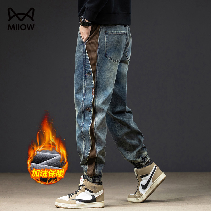 猫人加绒束脚九分牛仔裤男秋冬