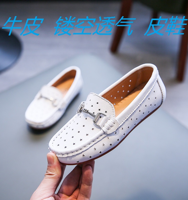 牛皮男童豆豆鞋白色兒童皮鞋夏季鏤空透氣小白鞋演出鞋真皮單鞋