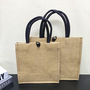 空白版亚麻袋印制logo黄麻手提袋女上班手提包购物袋大容量便当包