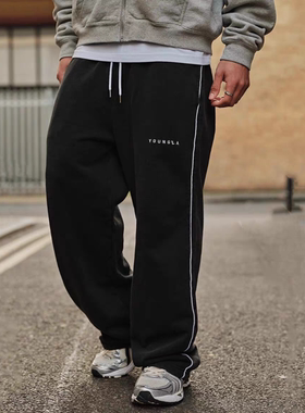 外贸   YOUNGLA美式刺绣字母标宽松长裤男女通用直筒卫裤