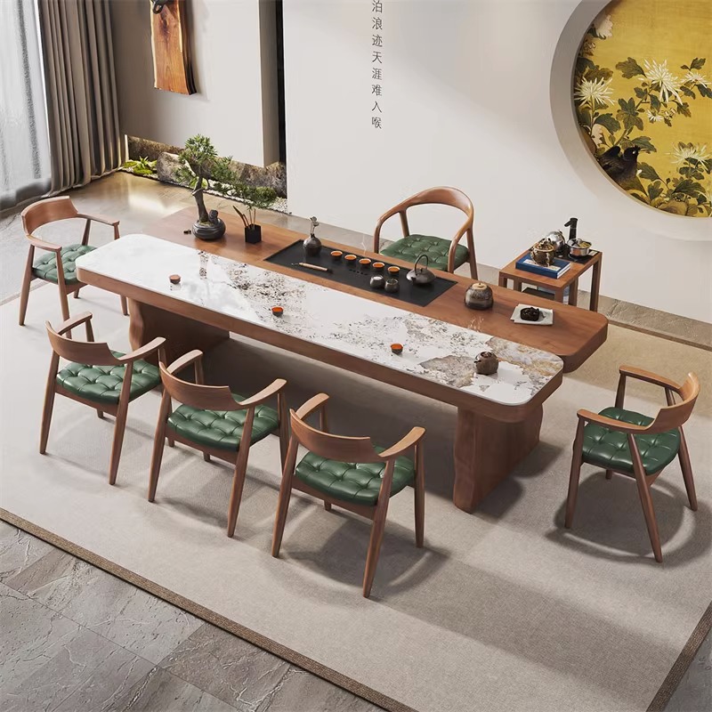 新中式实木茶桌椅组合轻奢岩板茶台禅意简约办公室客厅家用泡茶桌