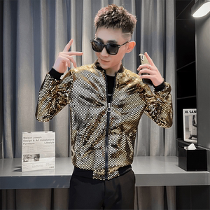春夏男生个性时尚防晒衣 夜店潮男薄夹克外套金亮片演出服A15-P65图片