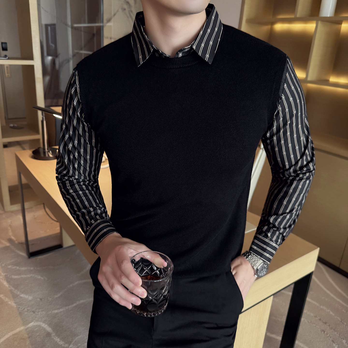 男士秋冬假两件毛衣~潮流撞色拼接衬衫袖针织衫419-S52020-P73,男装衬衫,星座419（原A233）